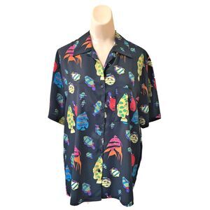 Marlis Petite Womens Novelty Button Up Size 8 Fish Shirt Tropical Beach Coastal